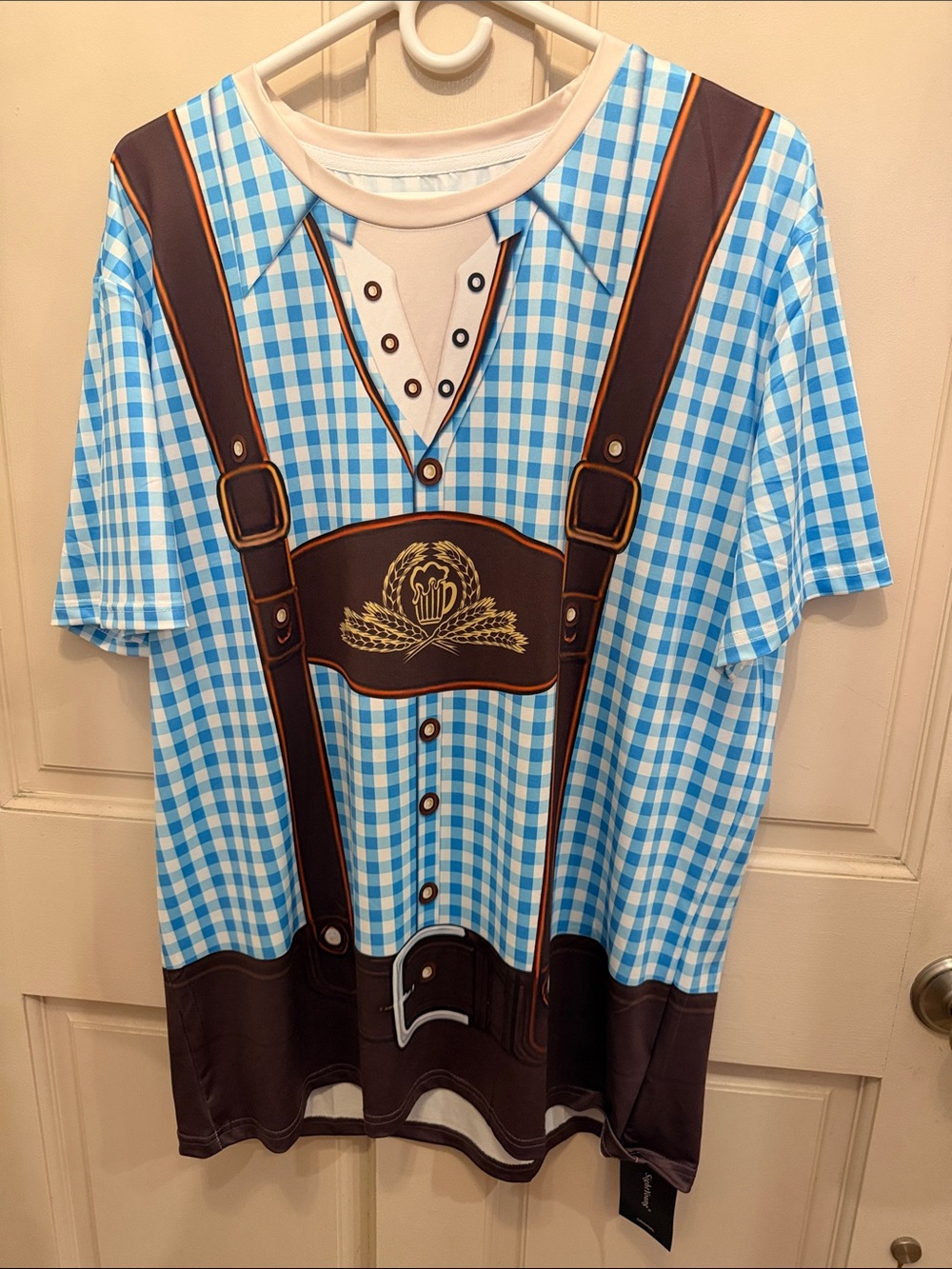 Men's Blue Checkered Graphic Shirt with Faux Lederhosen Detail